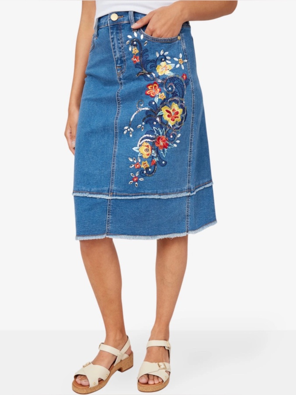 New Stretch Embellished Denim A-Line Skirt with Frayed Hem - Sz 4